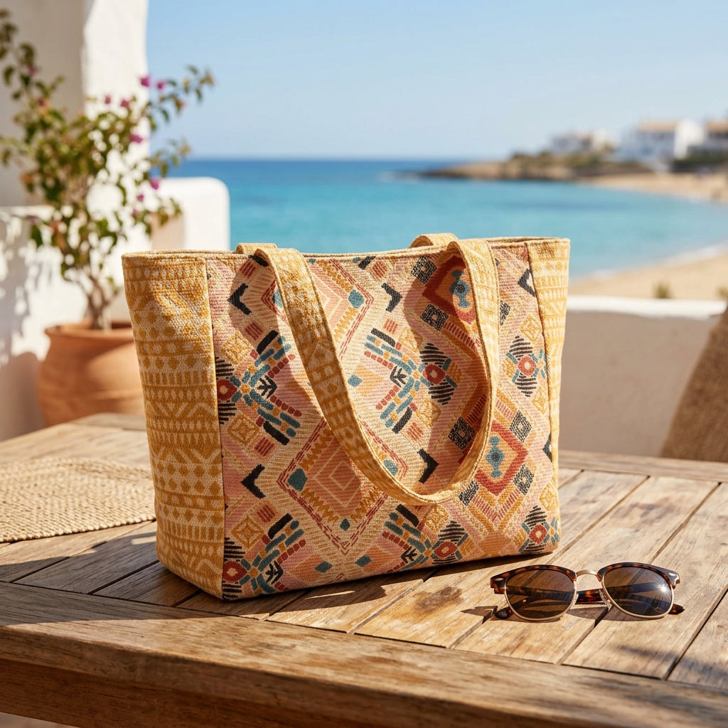 Bolso shopper étnico geométrico - Mostaza y terracota