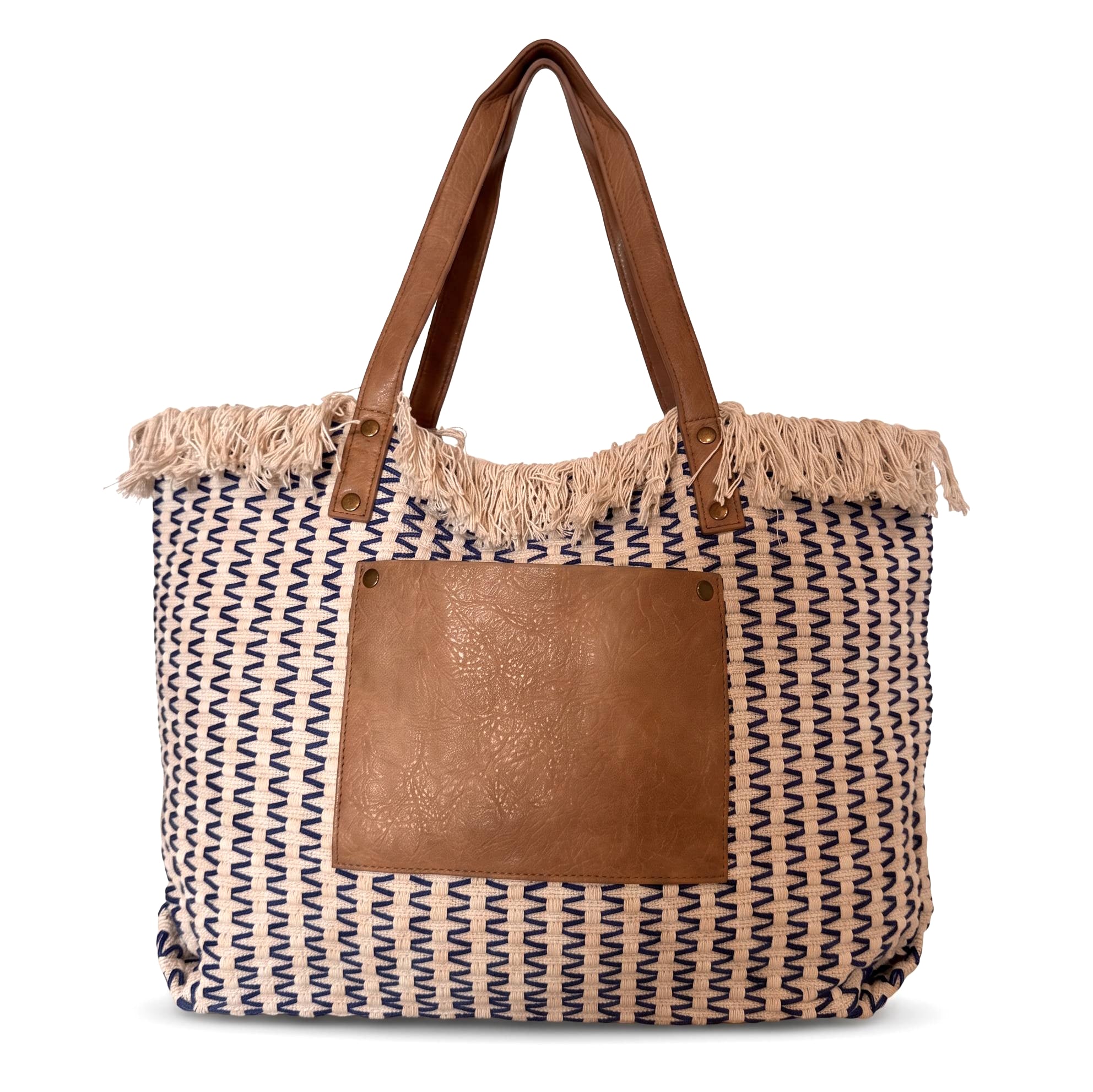 Bolso shopper efecto rafia con bolsillo de piel - Azul marino