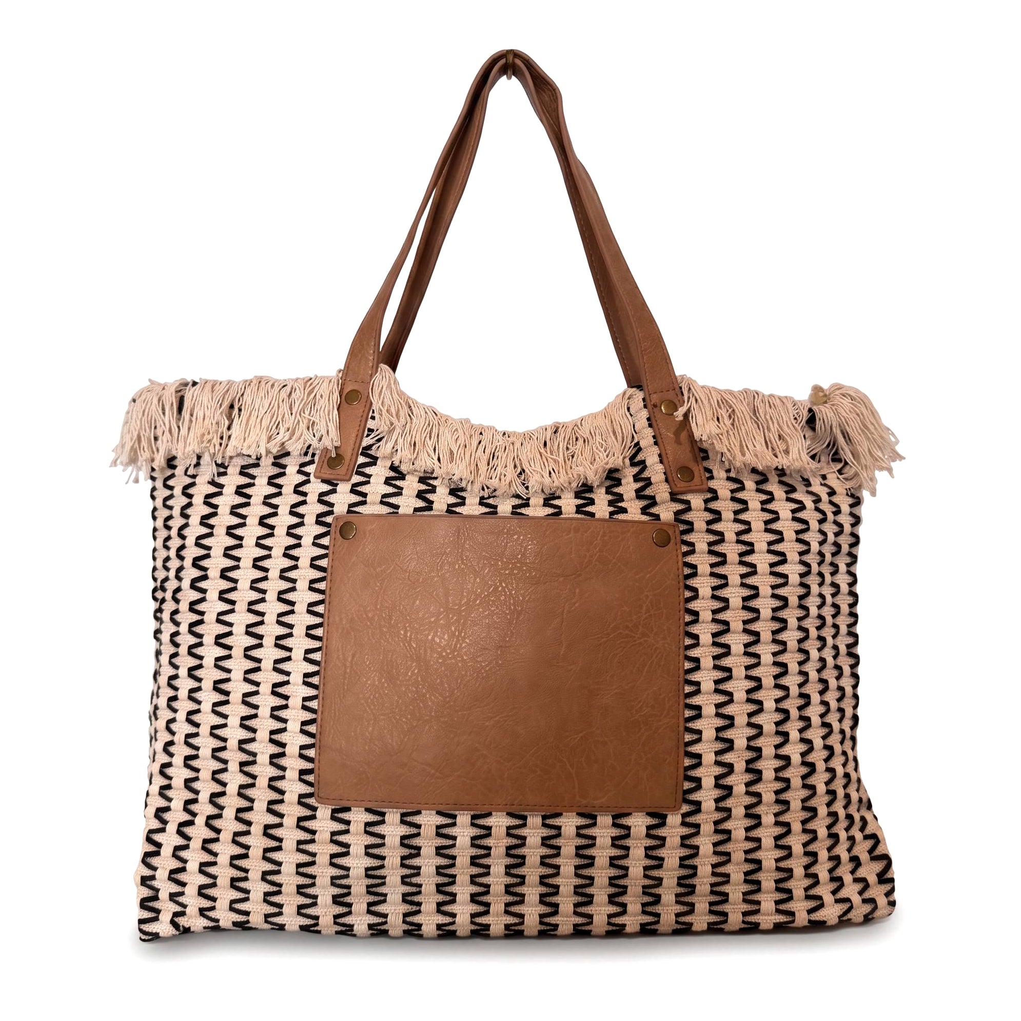 Bolso shopper efecto rafia con bolsillo de piel - Negro