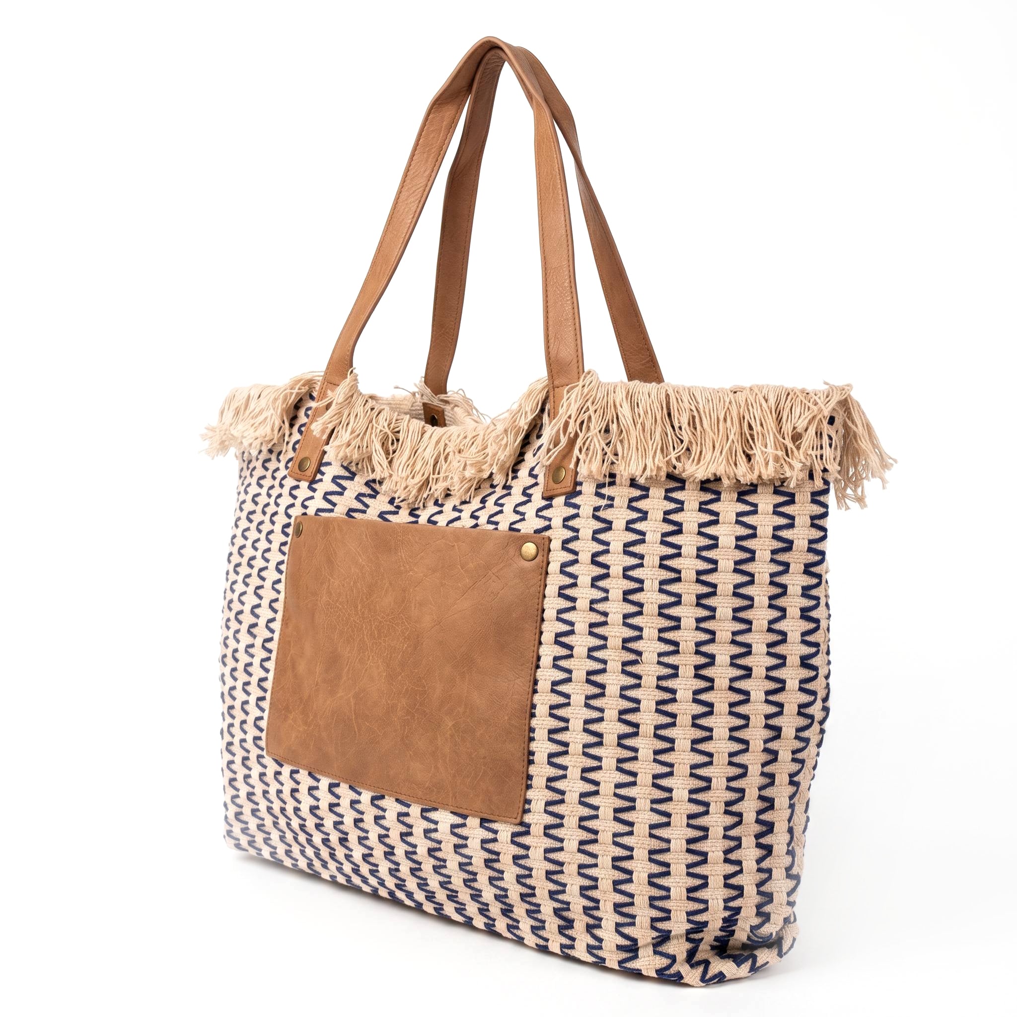 Bolso shopper efecto rafia con bolsillo de piel - Azul marino