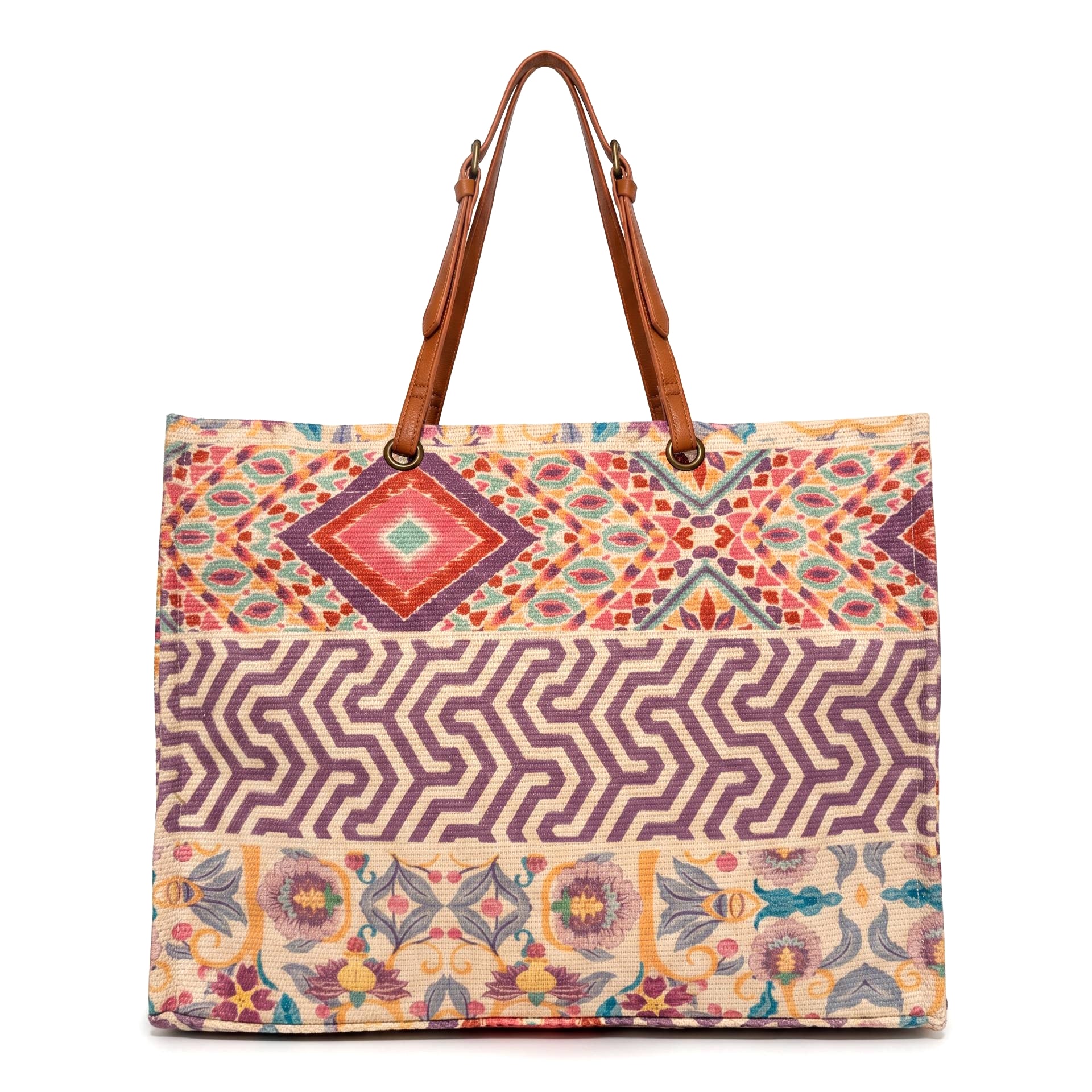 Bolso shopper étnico boho multicolor - Rosa y malva