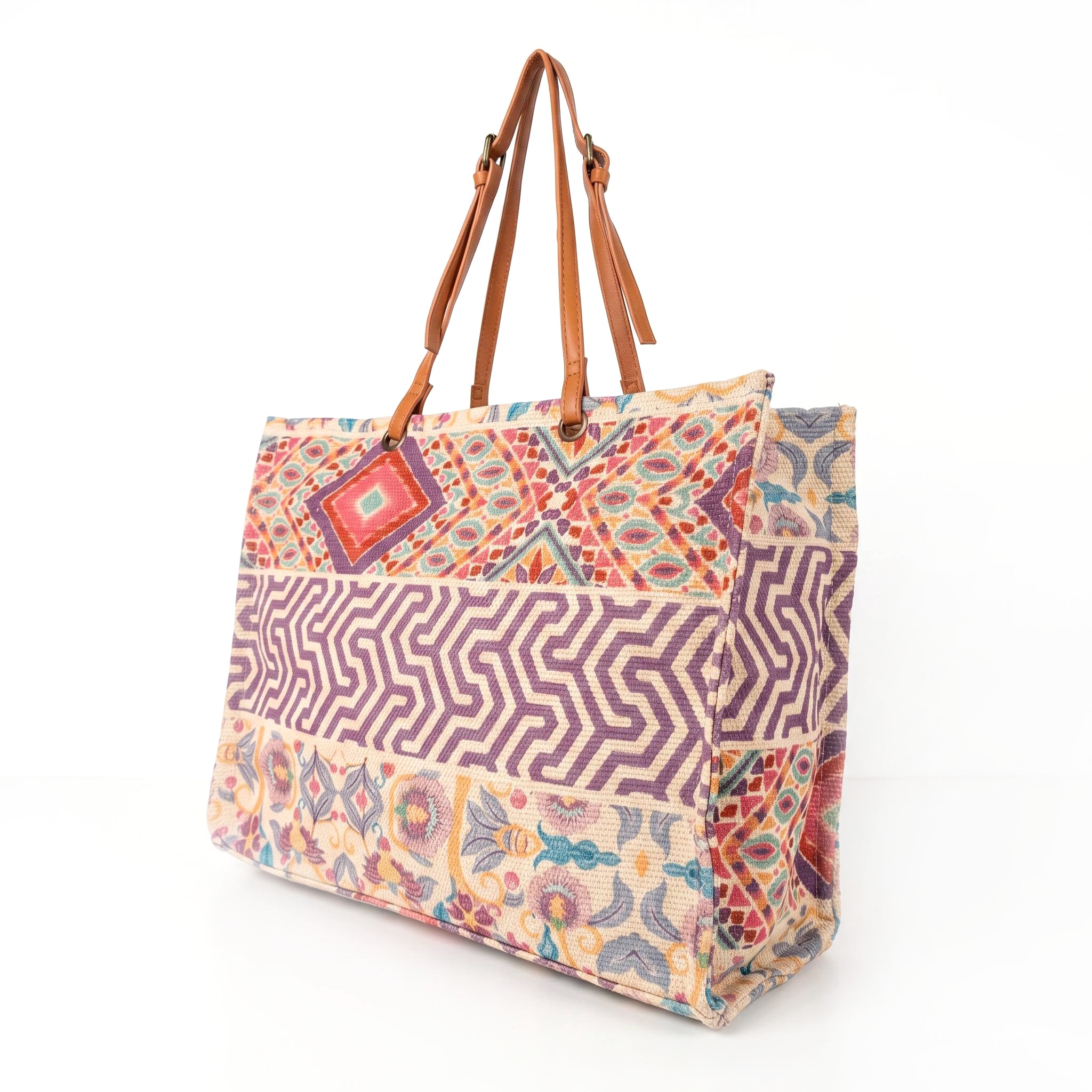 Bolso shopper étnico boho multicolor - Rosa y malva