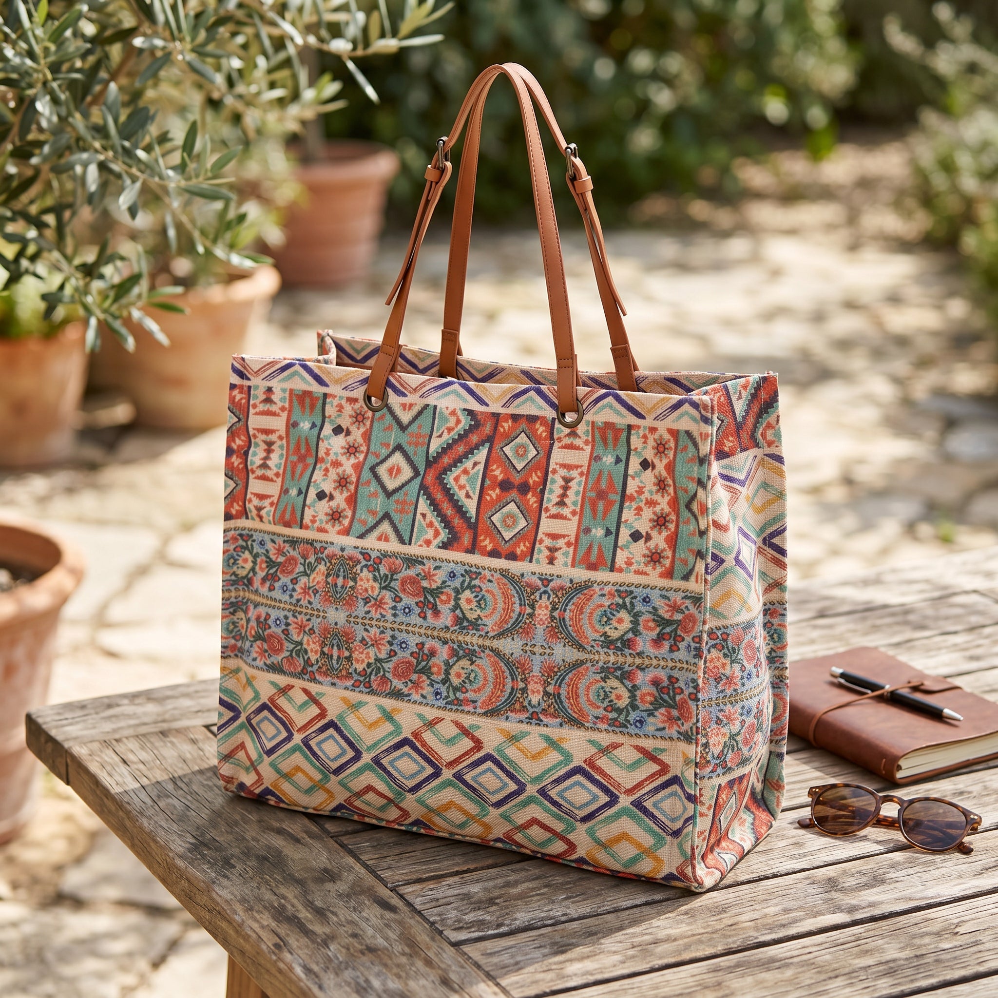 Bolso shopper étnico multicolor con franjas - Naranja y verde agua