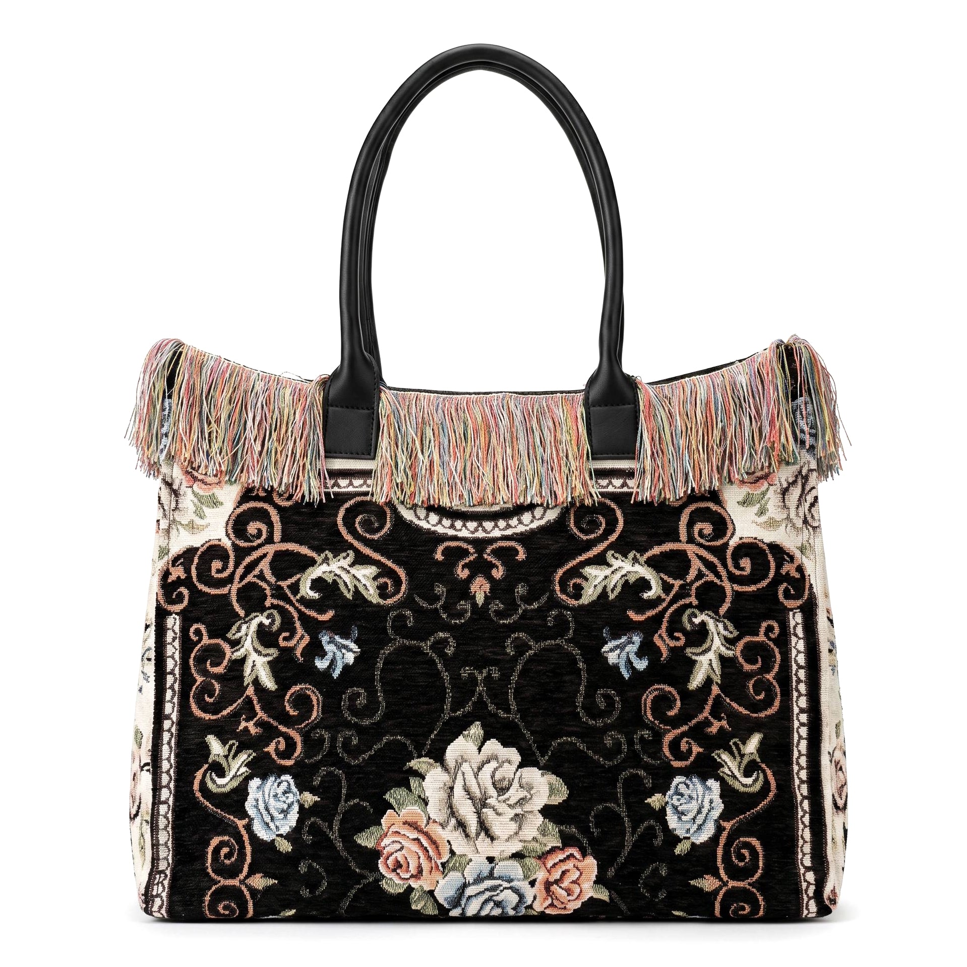 Bolso shopper tapiz floral con flecos multicolor - Negro