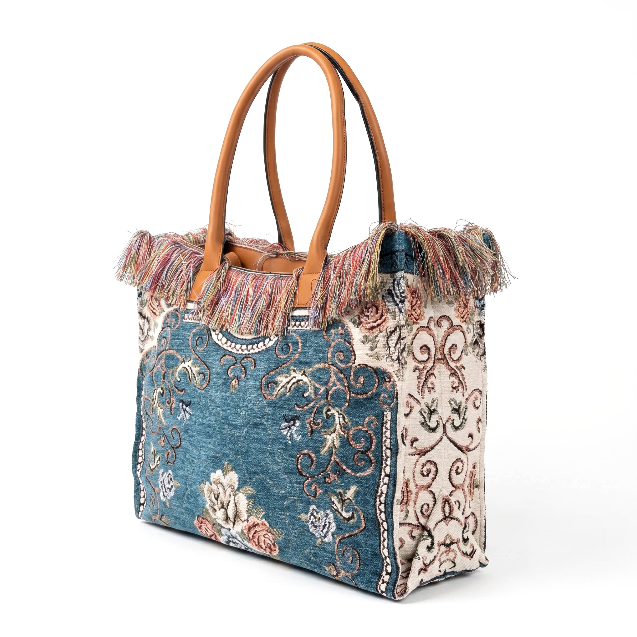 Bolso shopper tapiz floral con flecos multicolor - Azul