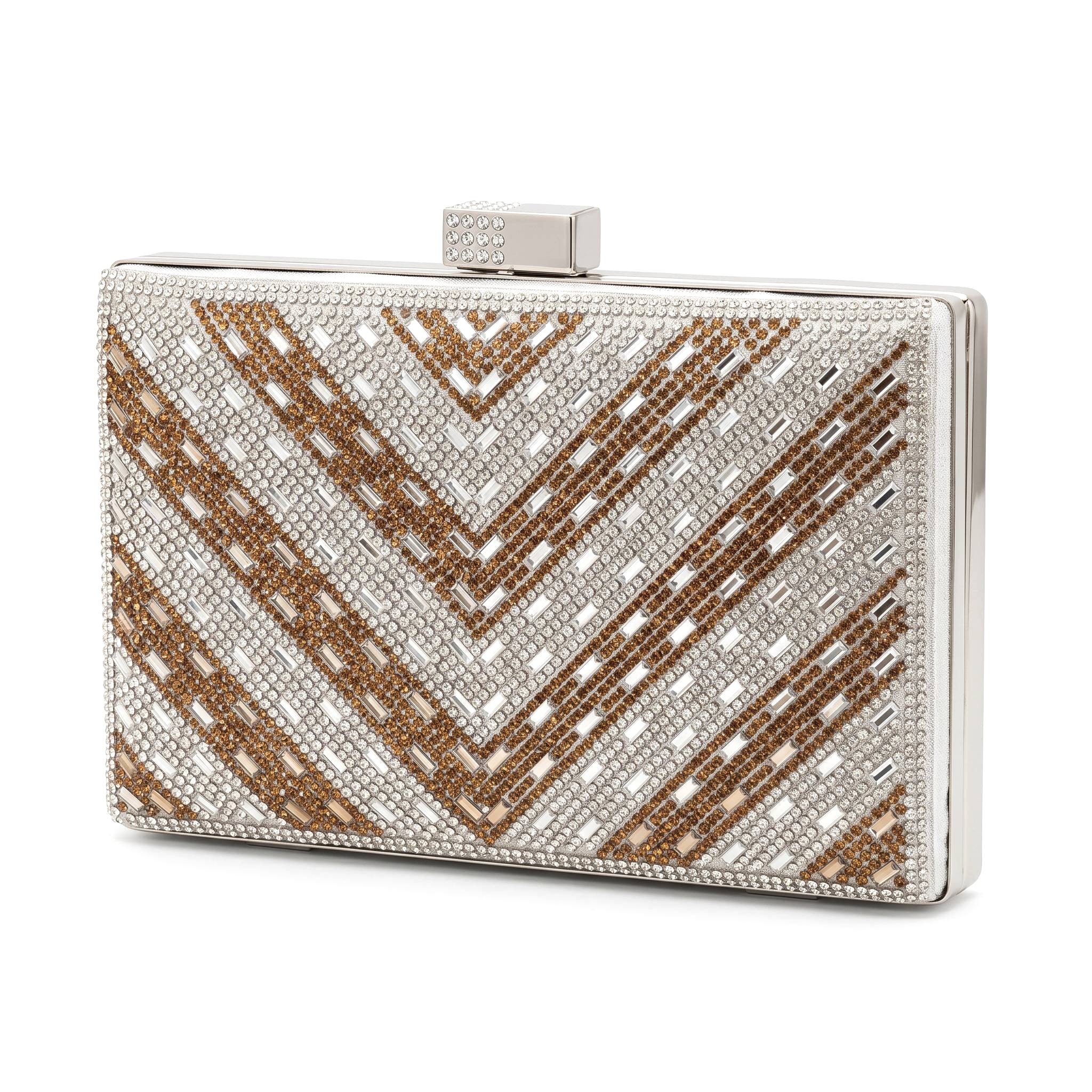 Clutch rígido geométrico con cristales plata y champagne
