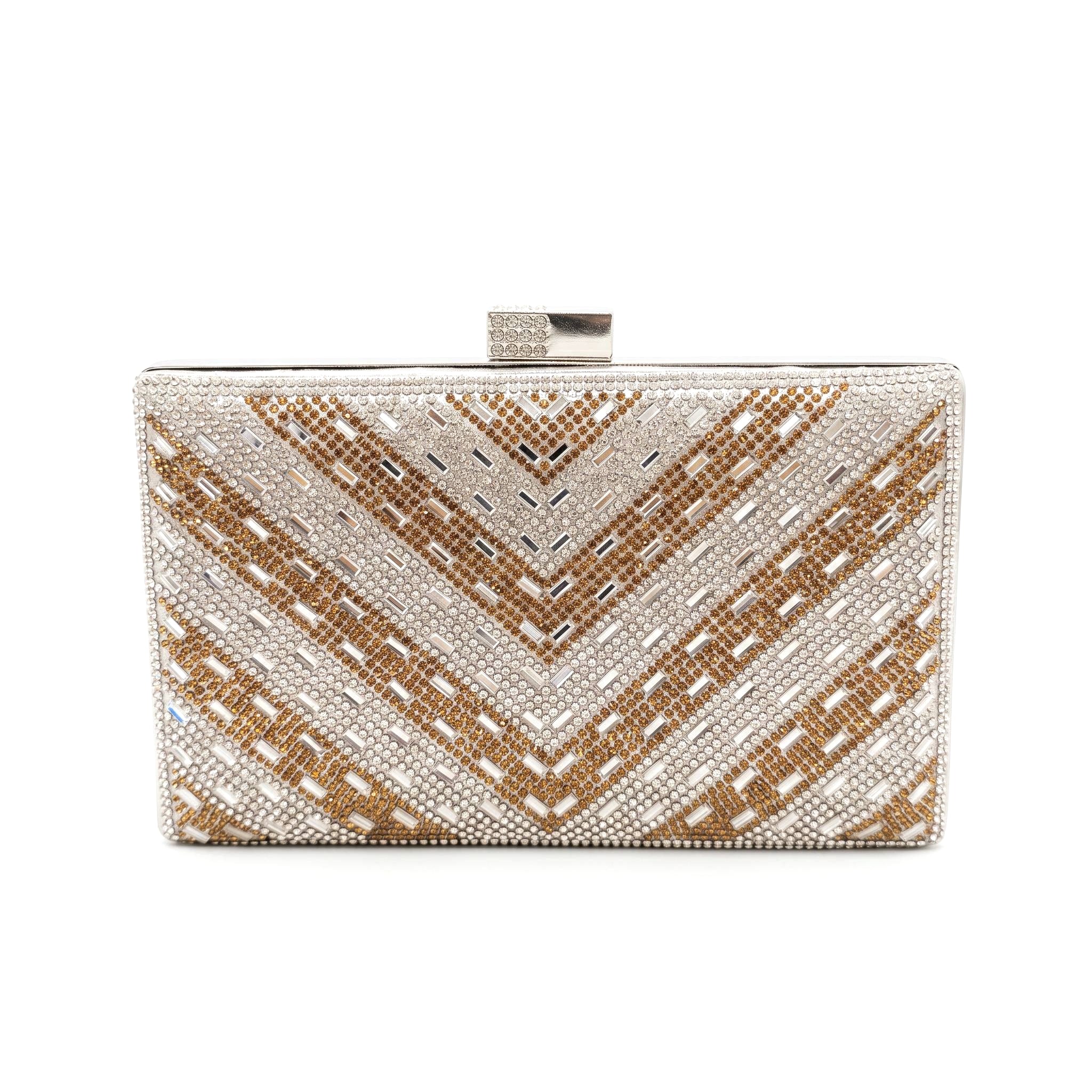 Clutch rígido geométrico con cristales plata y champagne