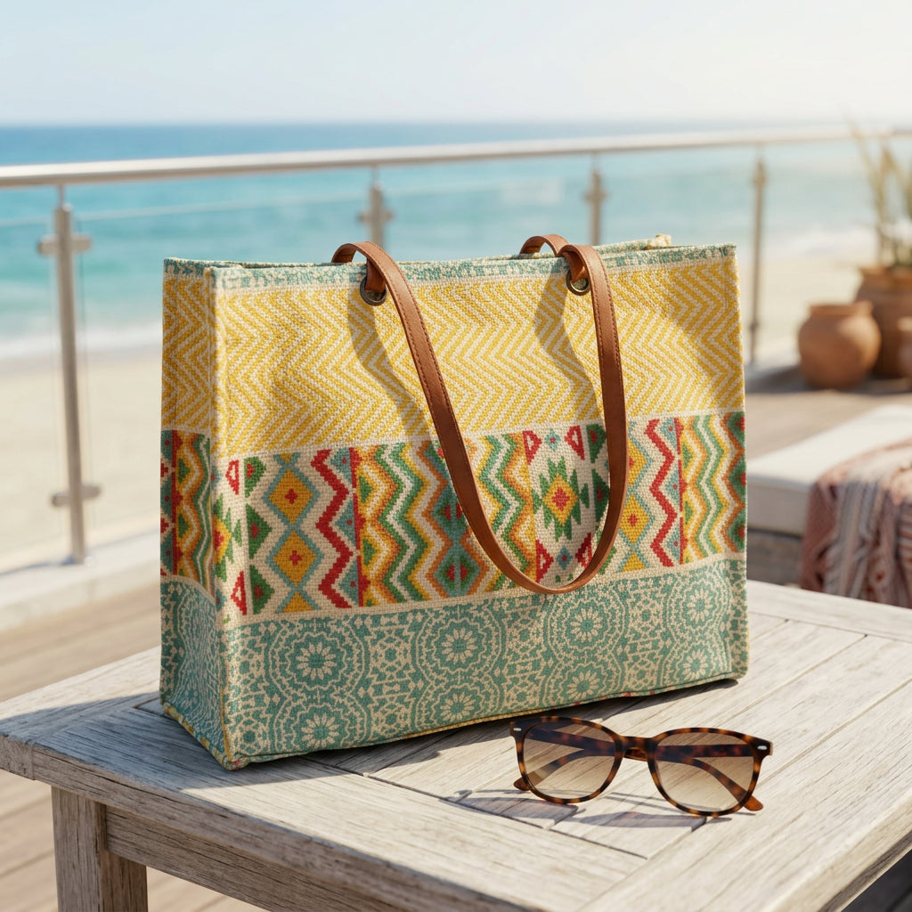 Bolso shopper étnico multicolor - Mostaza y verde