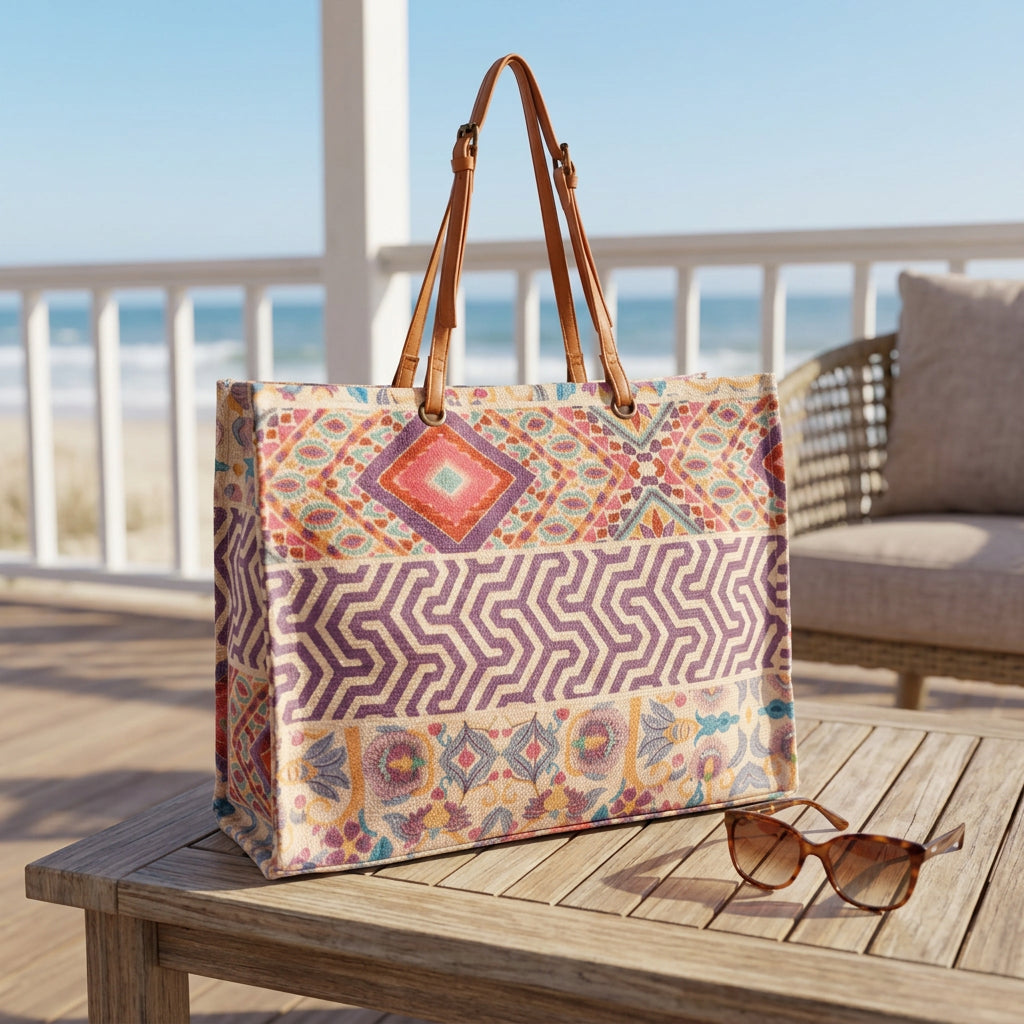 Bolso shopper étnico boho multicolor - Rosa y malva