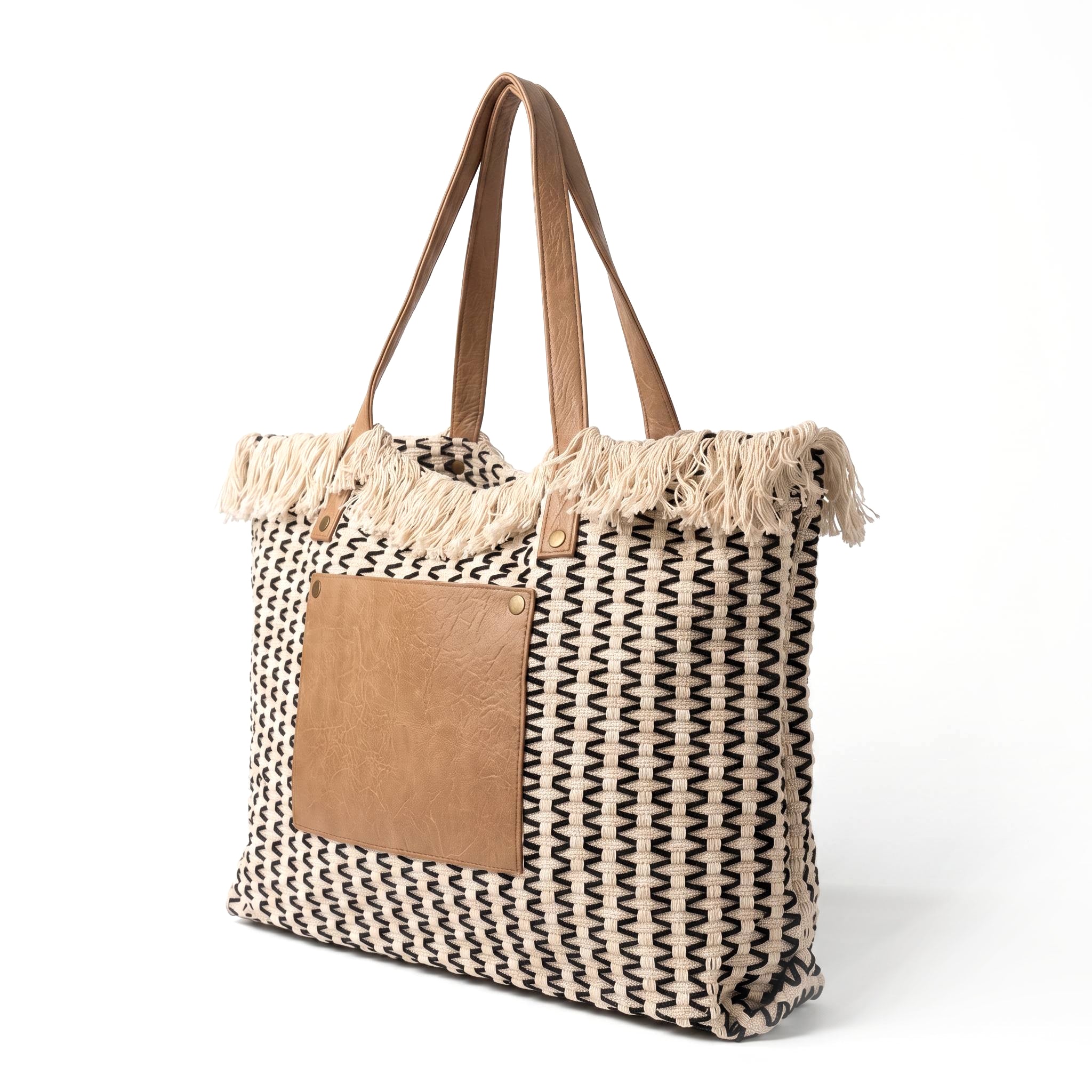 Bolso shopper efecto rafia con bolsillo de piel - Negro