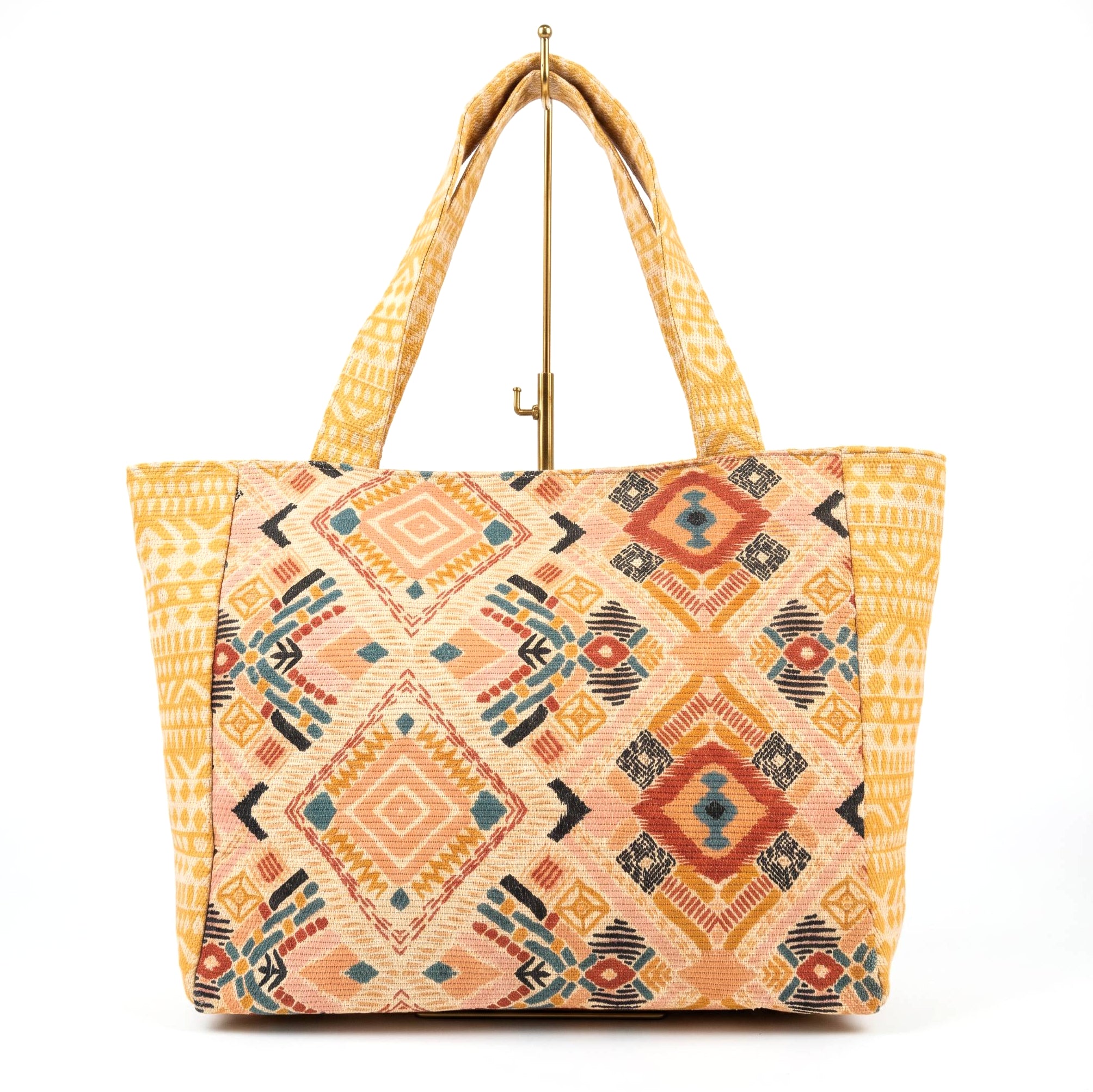 Bolso shopper étnico geométrico - Mostaza y terracota