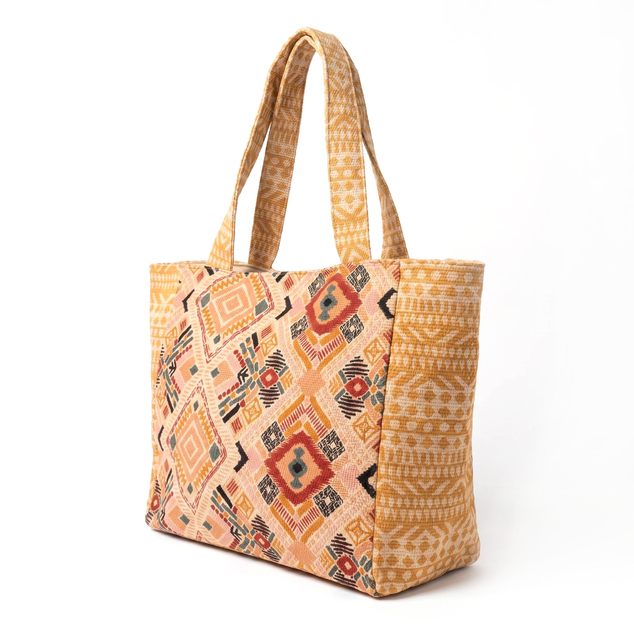 Bolso shopper étnico geométrico - Mostaza y terracota