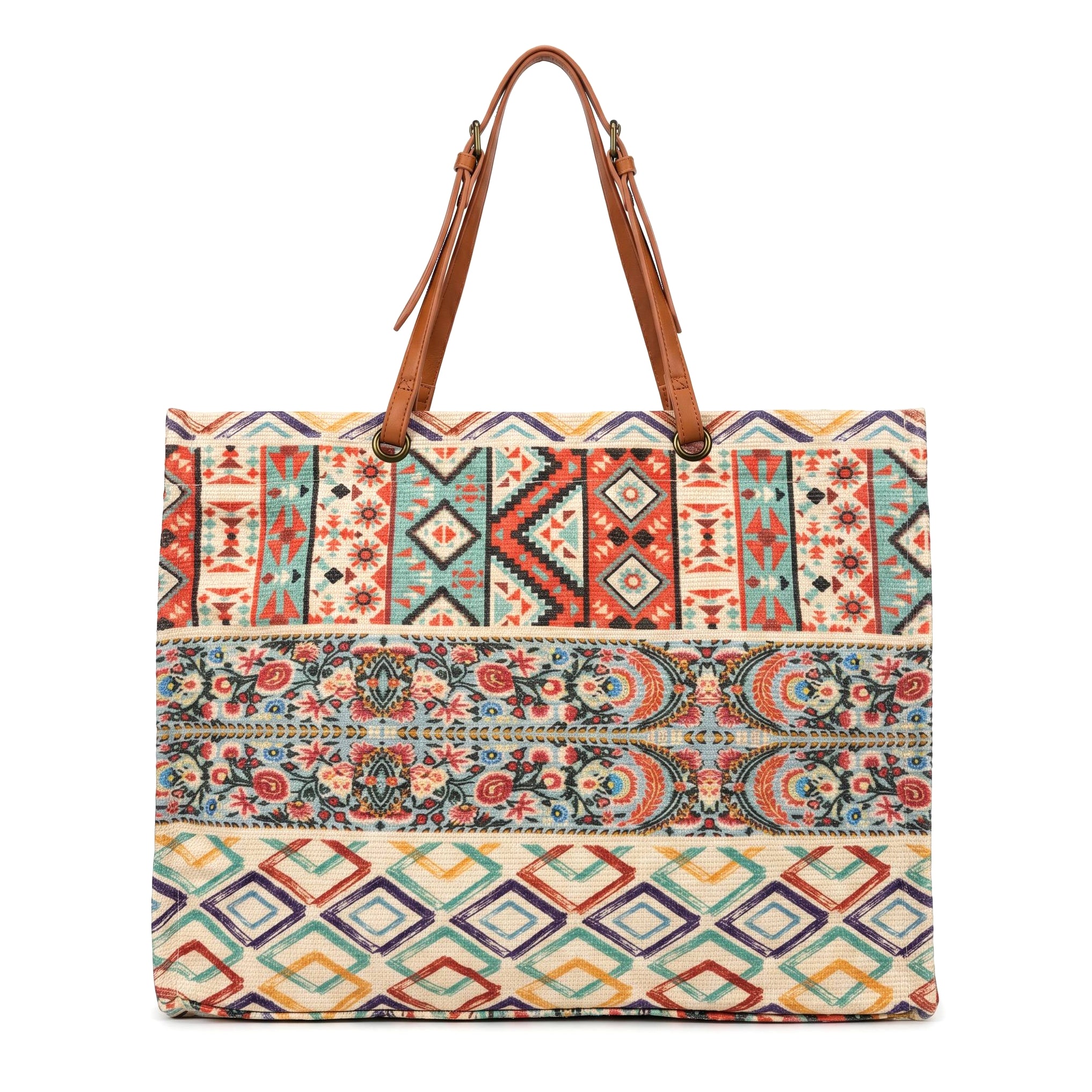 Bolso shopper étnico multicolor con franjas - Naranja y verde agua