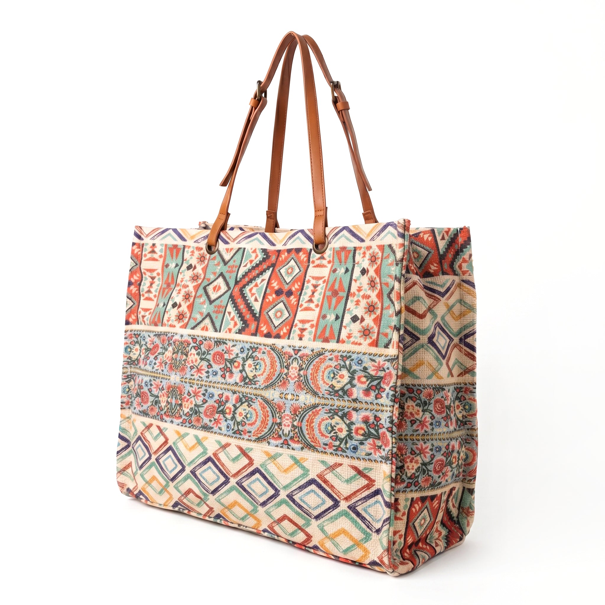Bolso shopper étnico multicolor con franjas - Naranja y verde agua