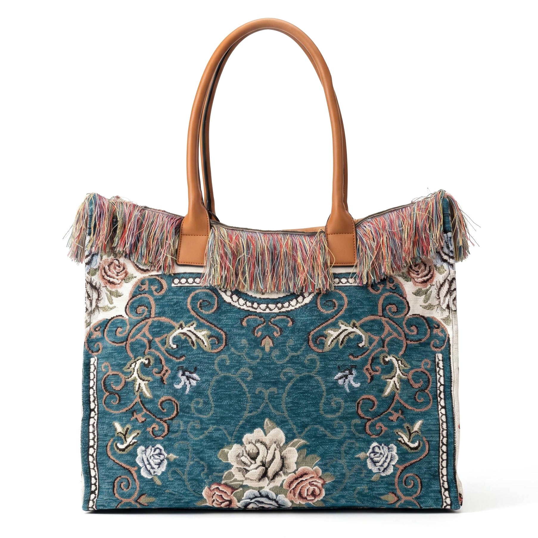 Bolso shopper tapiz floral con flecos multicolor - Azul