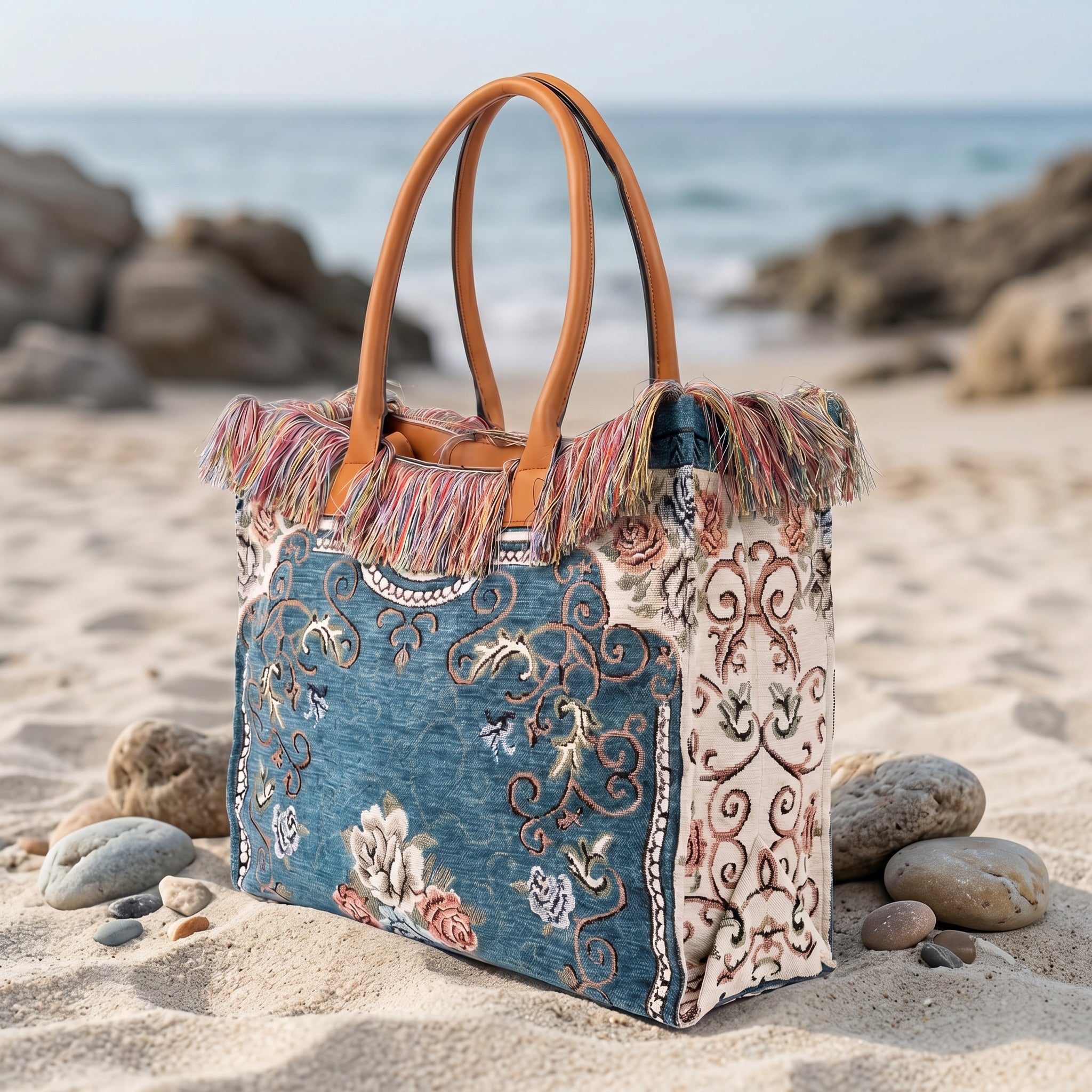 Bolso shopper tapiz floral con flecos multicolor - Azul