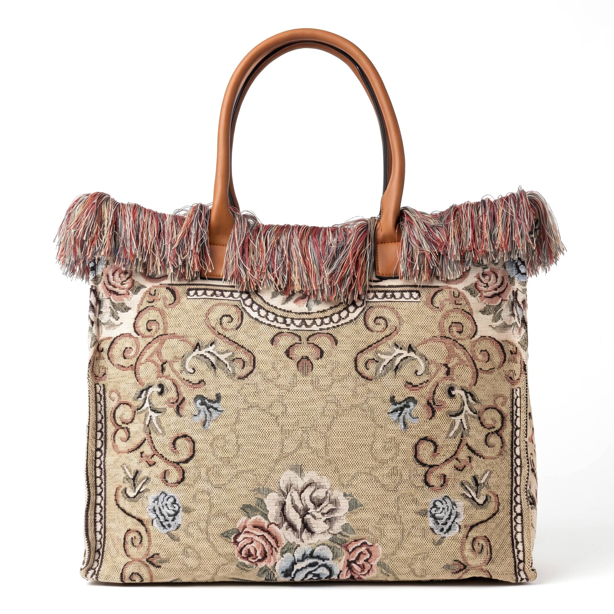 Bolso shopper tapiz floral con flecos multicolor - Beige