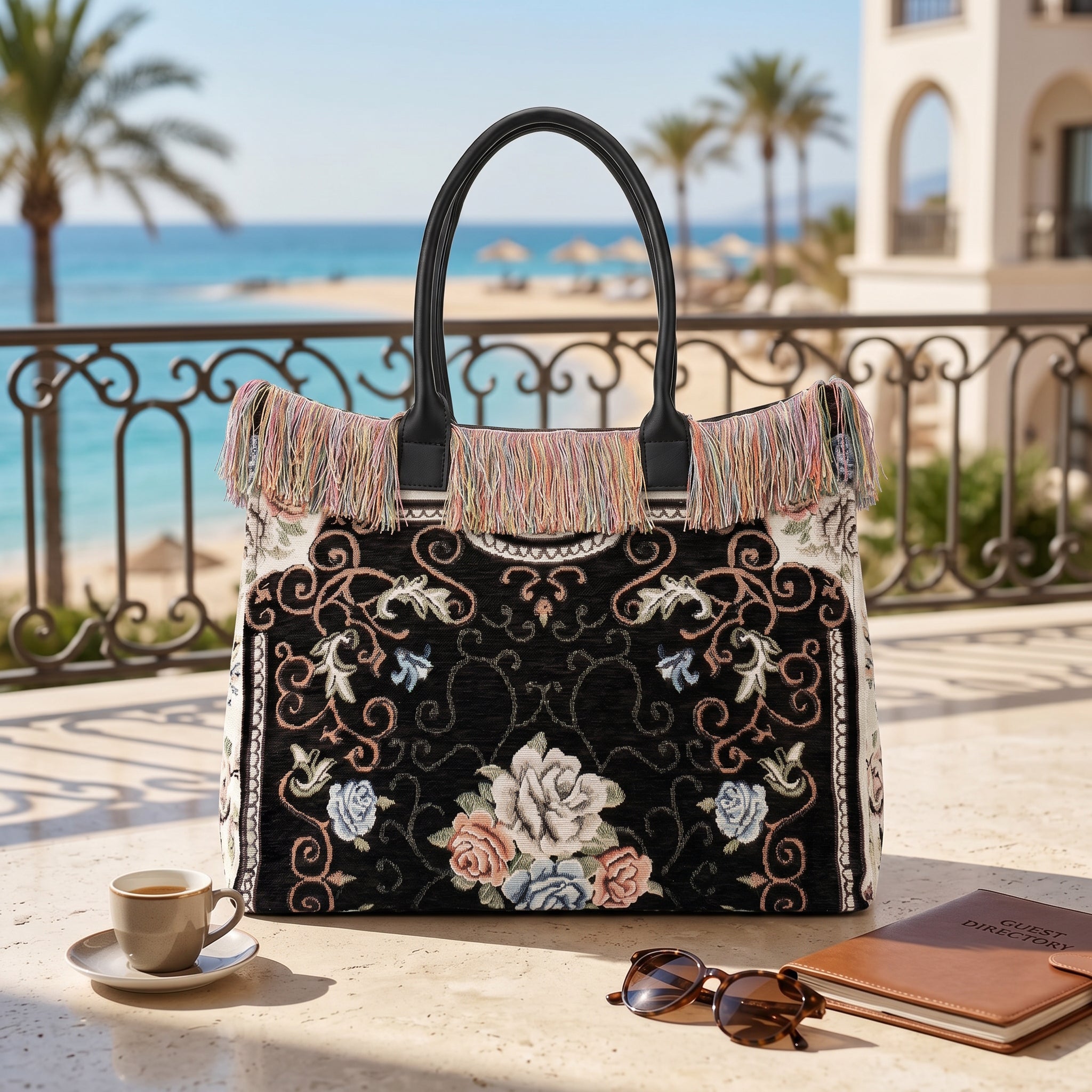 Bolso shopper tapiz floral con flecos multicolor - Negro