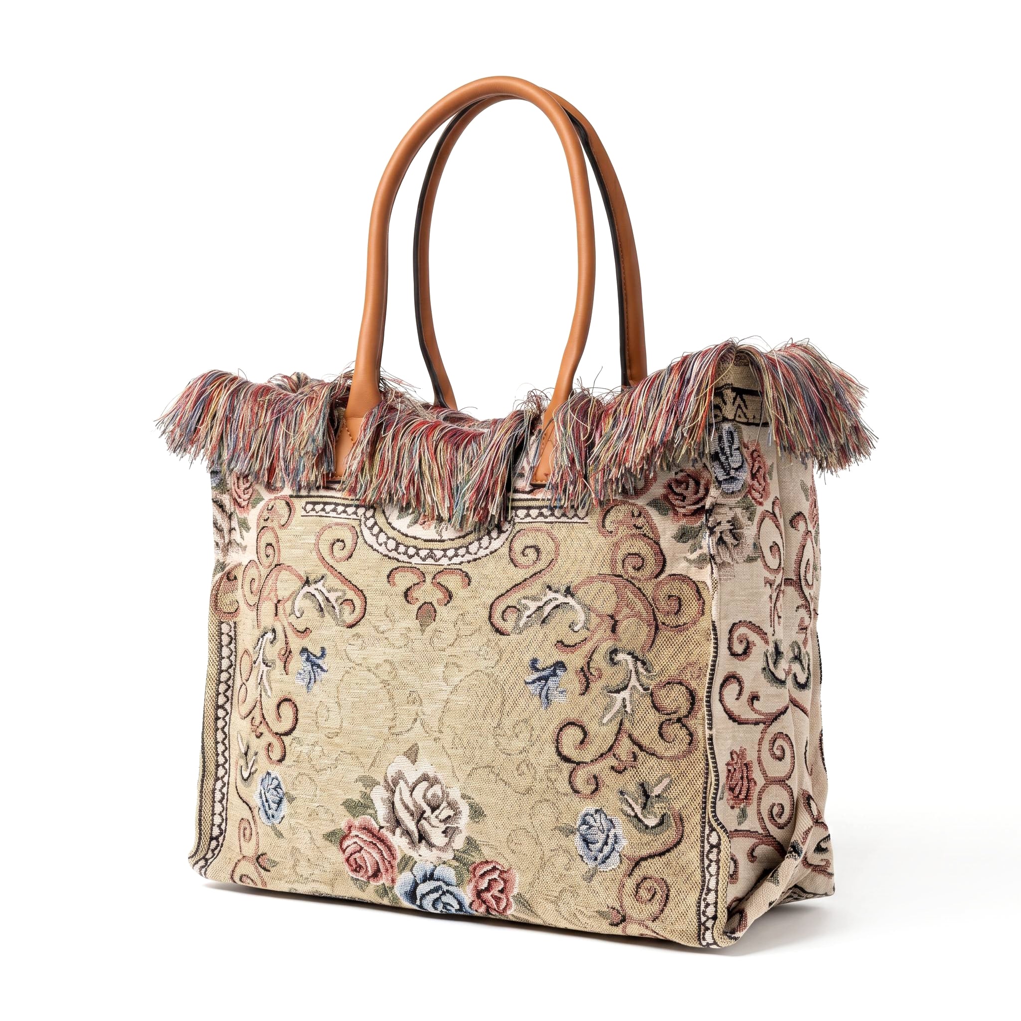 Bolso shopper tapiz floral con flecos multicolor - Beige