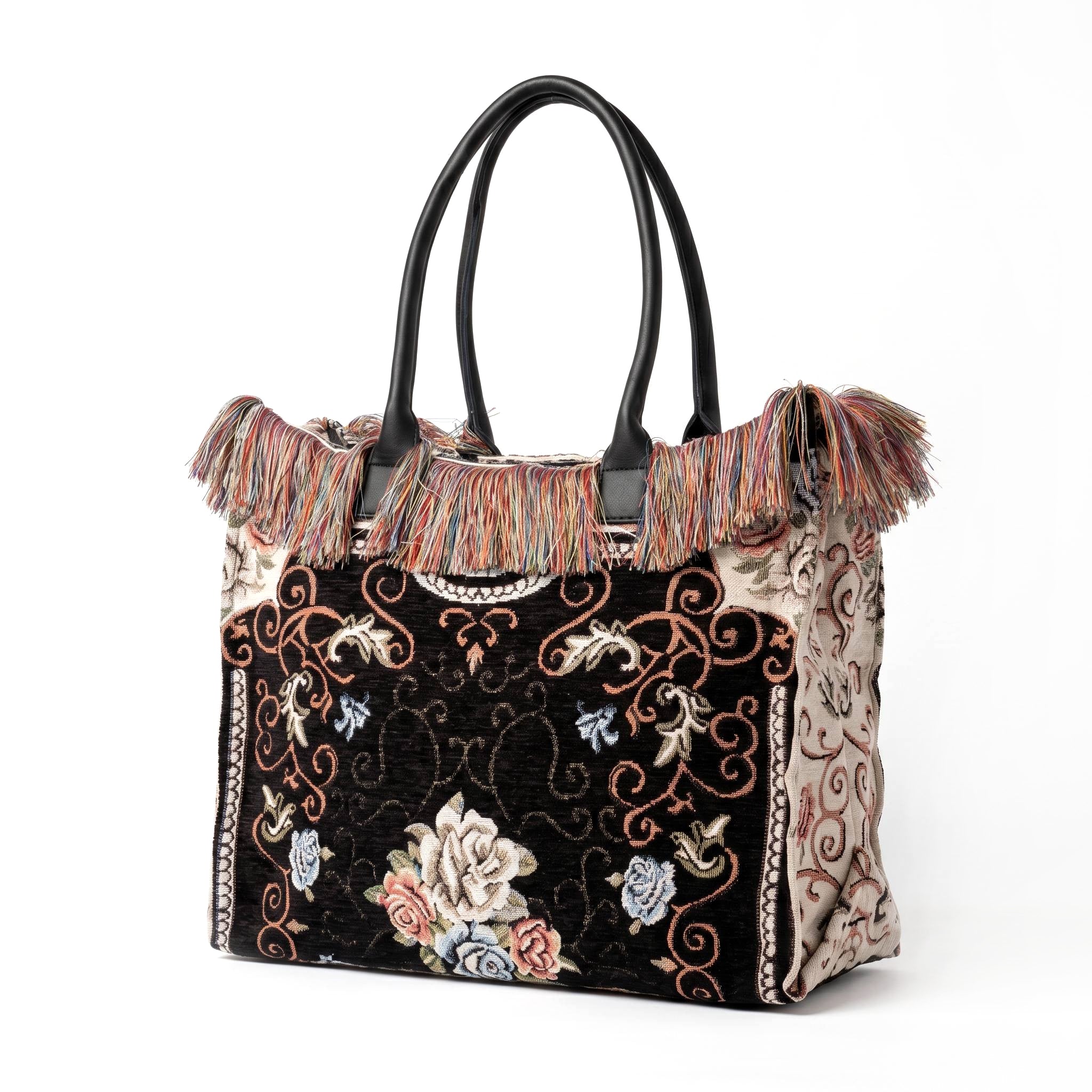 Bolso shopper tapiz floral con flecos multicolor - Negro