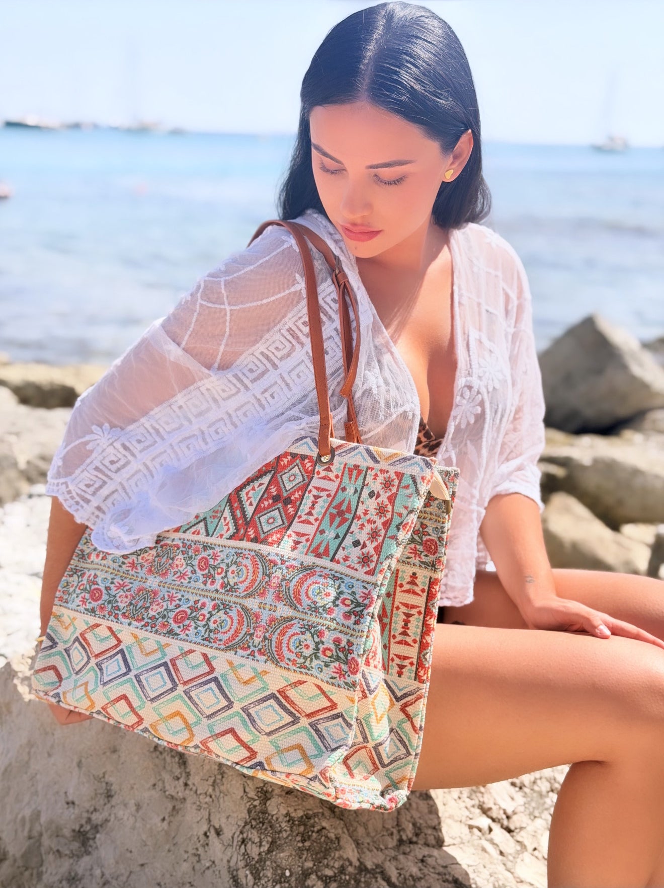 Bolso shopper étnico multicolor con franjas - Naranja y verde agua
