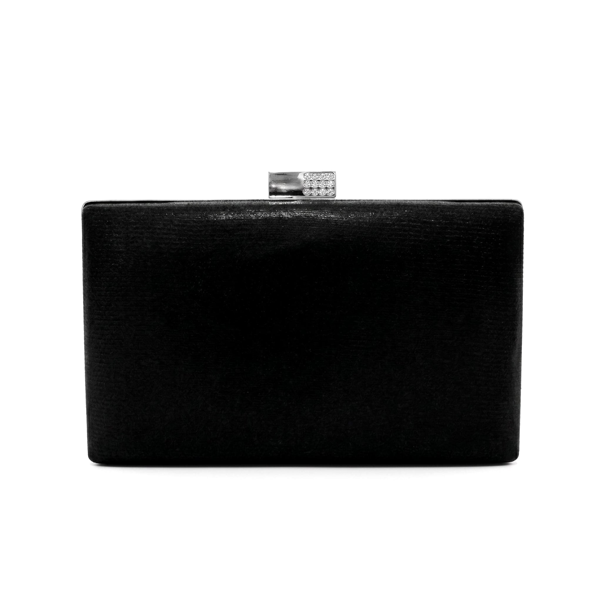 Clutch rígido geométrico con cristales negro, plata y dorado