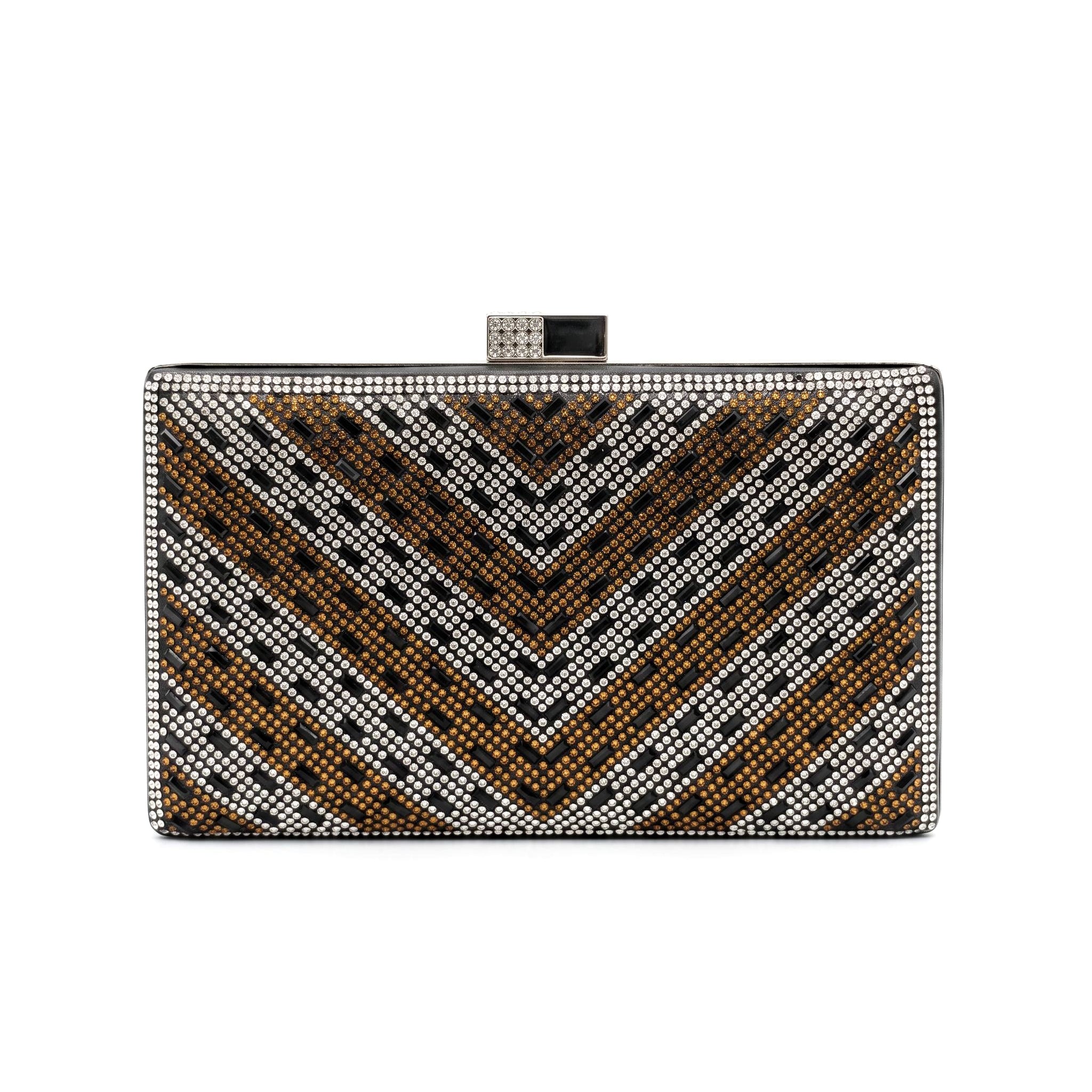 Clutch rígido geométrico con cristales negro, plata y dorado