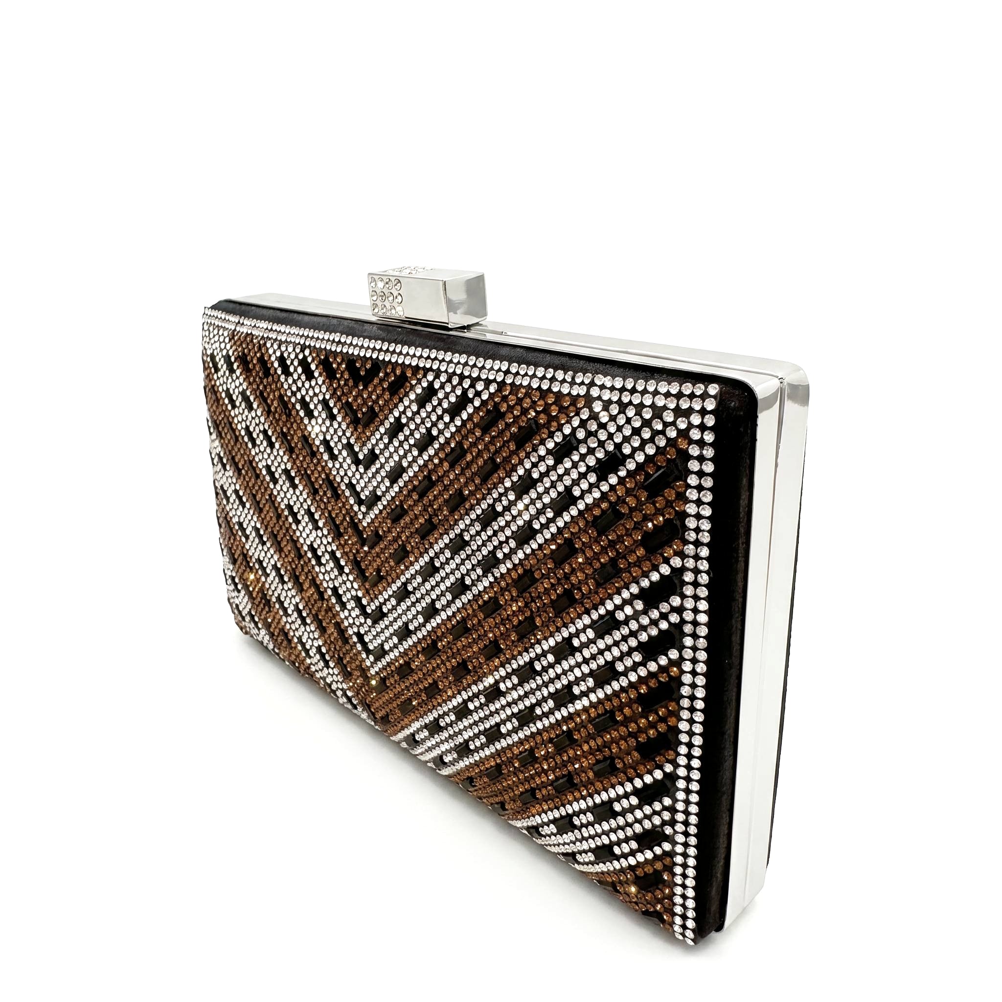 Clutch rígido geométrico con cristales negro, plata y dorado